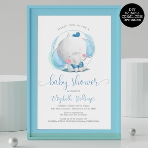 May include: A baby shower invitation in a light blue frame. The invitation features a watercolor illustration of a cute baby elephant in blue and white. The text reads "baby shower" and includes details for the event.