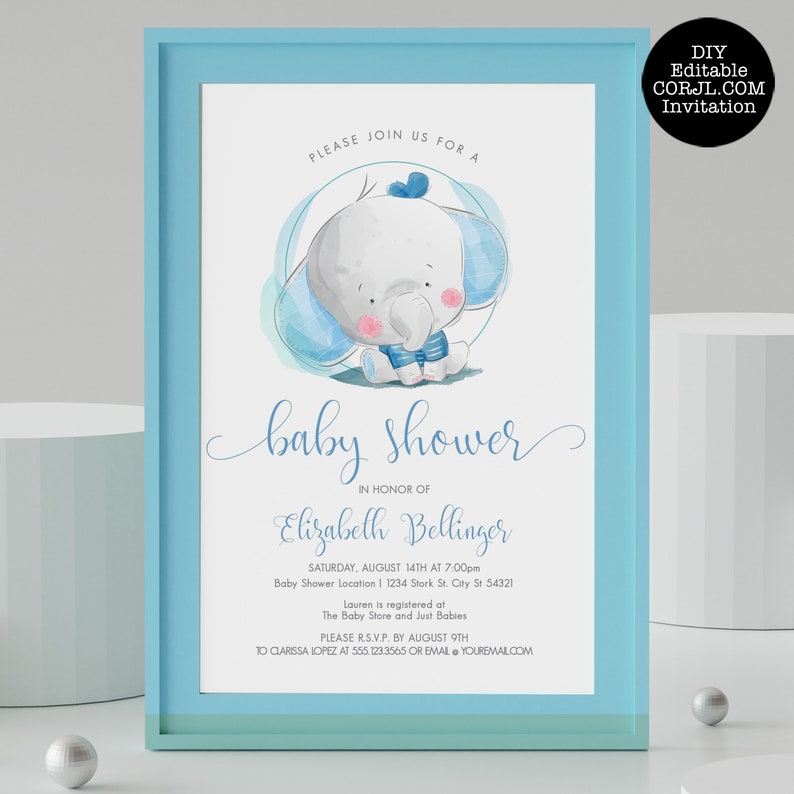 May include: A baby shower invitation in a light blue frame. The invitation features a watercolor illustration of a cute baby elephant in blue and white. The text reads "baby shower" and includes details for the event.