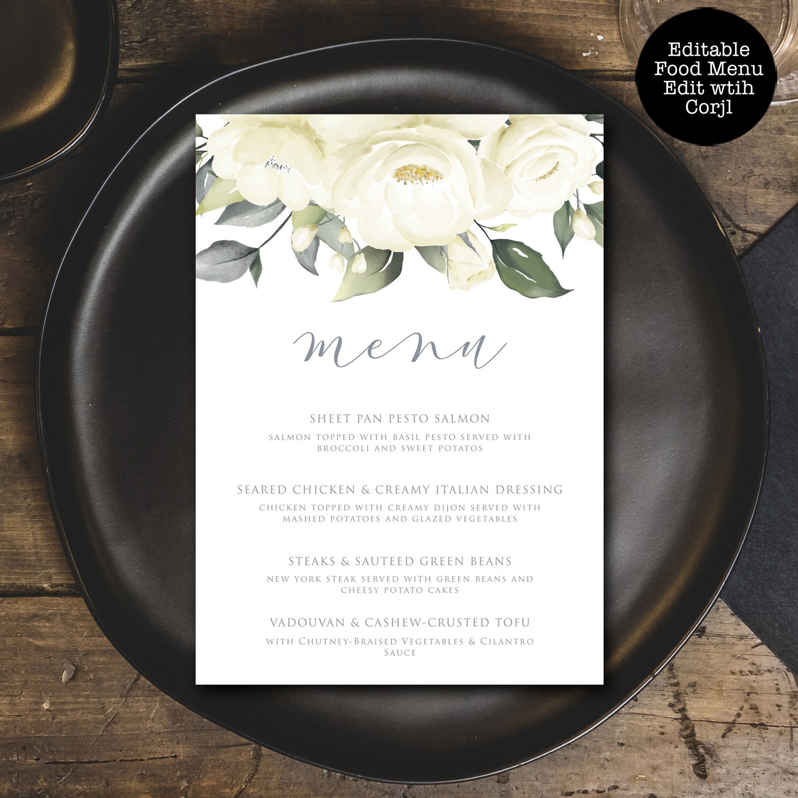 White Rose Food Menu Floral Dinner Menu Food Menu Dinner Etsy
