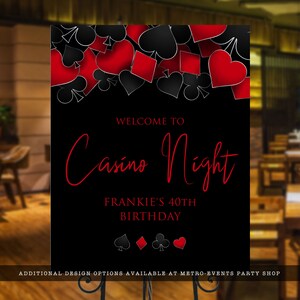 Roll the dice, throw down your royal flush it's casino night! Fun and elegant adult party welcome sign are designed with a black background with hearts, spades, diamonds, and clubs' upper frame. Designed by MetroEvents