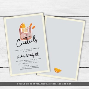 Minimalist Cocktail Party Invitation. A classy cocktail glass garnished with an orange and retro typography. Designed by MetroEvents.