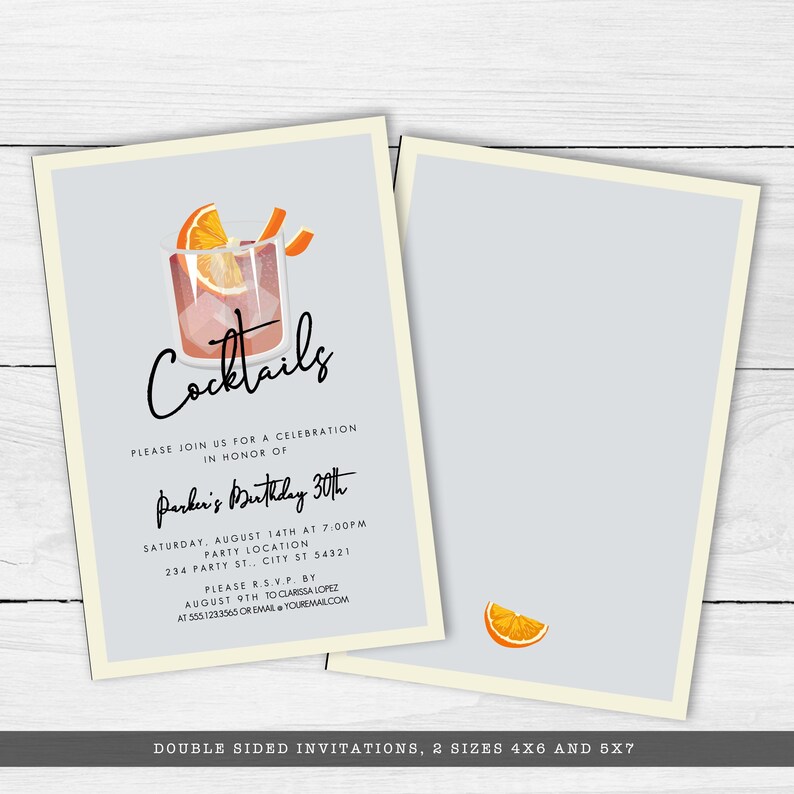 Minimalist Cocktail Party Invitation. A classy cocktail glass garnished with an orange and retro typography. Designed by MetroEvents.