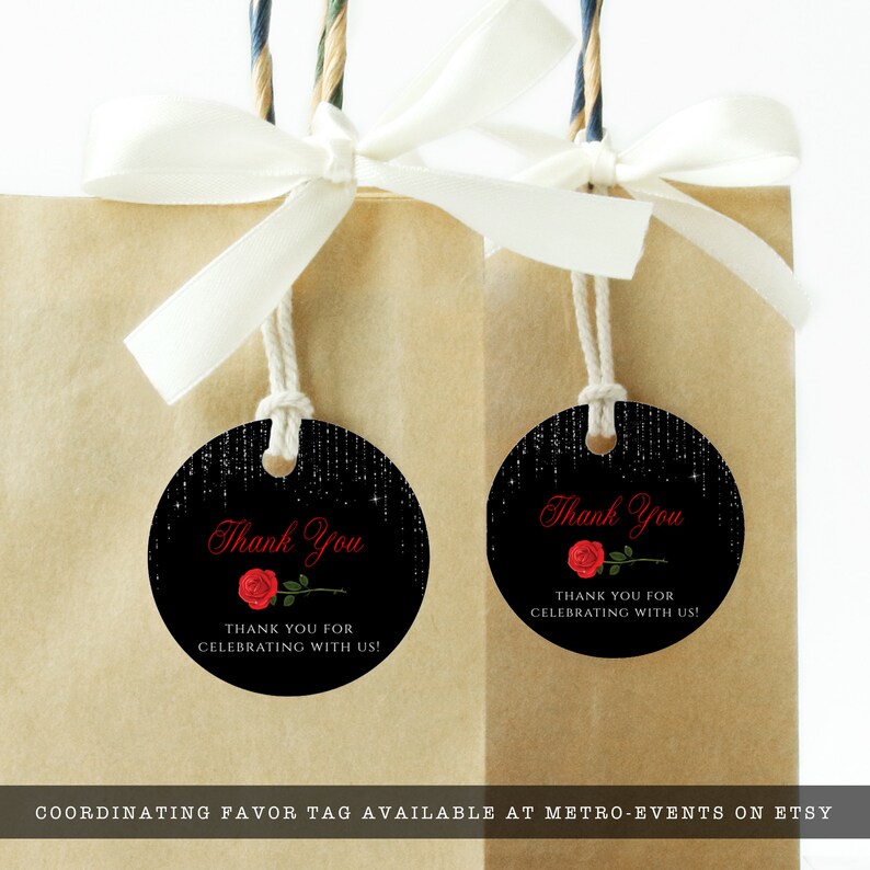 Editable cupcake toppers or gift tags For sweet 16 parties or Quinceanera features silver sparkles falling from the top of a black background with red rose accents. Designed By MetroEvents.