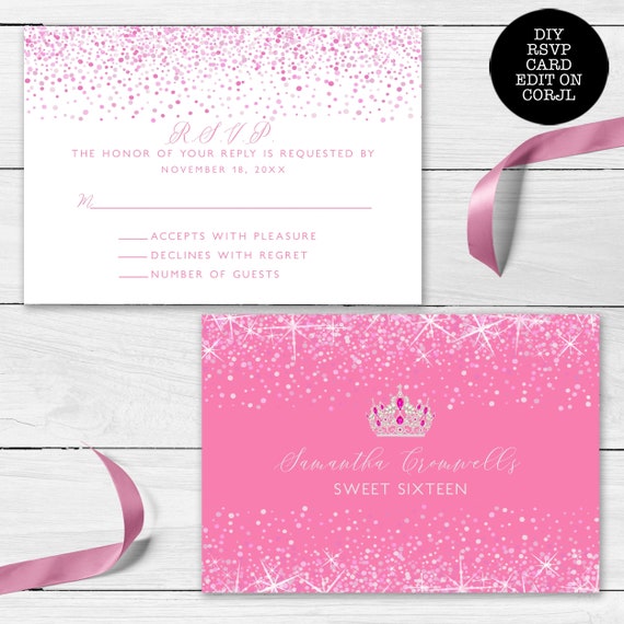 Pink Glitter RSVP card, Pink rsvp Card, rsvp Card Template, Instant Download, Corjl Template, Enclosure Card, Glitter rsvp card, Printable Il_570xn