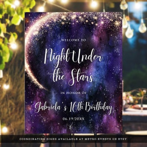 Night under the stars, galaxy-themed welcome sign. This design is created with a star-filled purple and blue starry sky background with a half-ring of shooting stars training through it. Designed by MetroEvents.