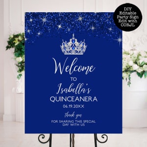 Royalblau Quinceanera Willkommensschild: Glitzerkrone (Digitaler Download)