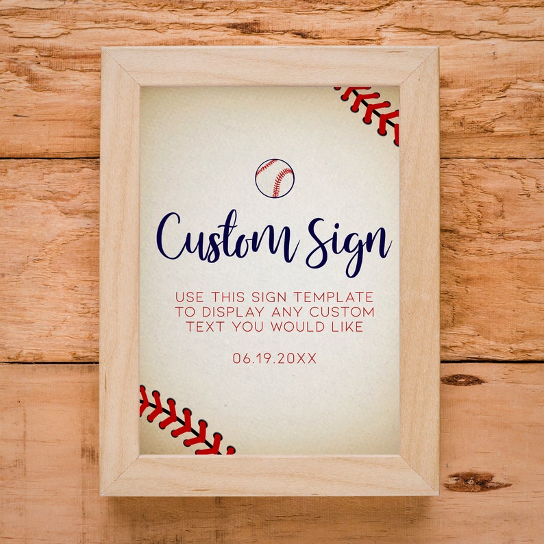 Vintage Baseball Custom Party Signs. Created with a vintage texture background accented with baseball laces. Designed by MetroEvents.