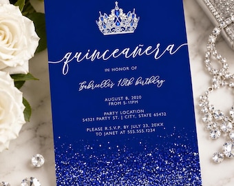 Royal Blue Quinceanera Invitation Template, Editable Blue and Silver Glitter Quince Invite, Elegant Sweet 16 Invitation, Corjl Download