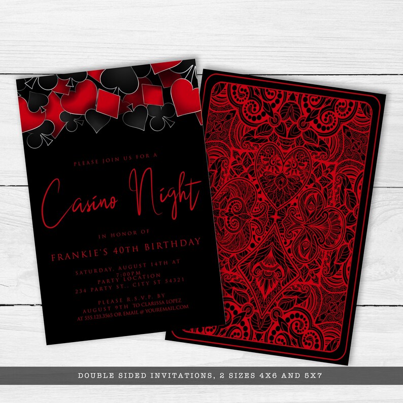This fun and elegant adult party invitation are designed with a black background with hearts, spades, diamonds, and clubs upper frame. Designed By MetroEvents