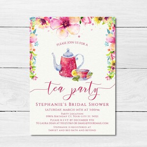 Floral Tea Party Invitations. Designed with a pink floral teacup and teapot with floral accents on a lightly textured background. Designed By MetroEvents