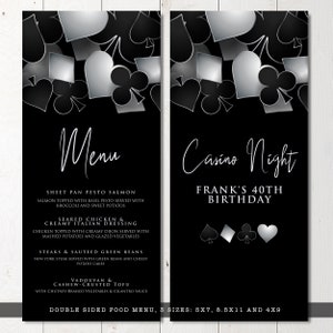 printable dinner menu with Customizable Corjl Template Silver and Black Casino Night with Hearts Spades Clubs Diamonds Perfect for Birthday Party Favors and Decorations