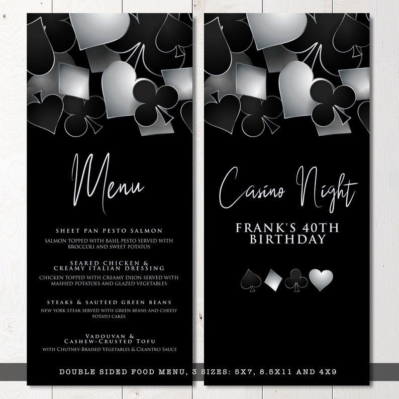 printable dinner menu with Customizable Corjl Template Silver and Black Casino Night with Hearts Spades Clubs Diamonds Perfect for Birthday Party Favors and Decorations