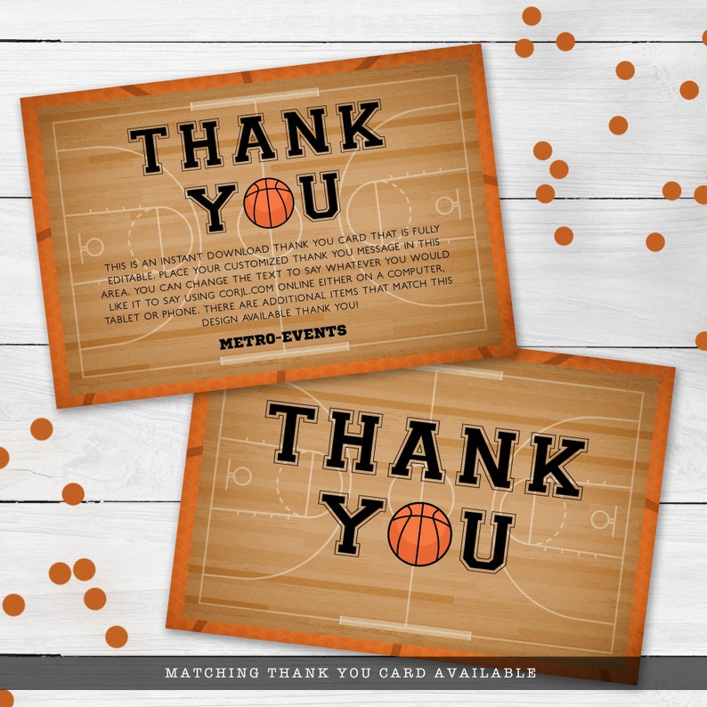 Basketball-themed thank you cards. Featuring a basketball court and ball background accented with a basketball and customizable typography. Designed By MetroEvents