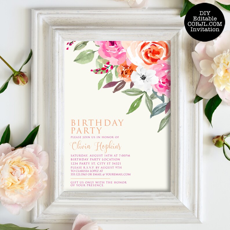 May include: A white-framed birthday party invitation with a floral watercolour design. The invitation features pink, orange, and white flowers with green leaves. Text includes the name "Olivia Hopkins" and party details. The text "DIY Editable CORJL.COM Invitation" is in the upper right corner.