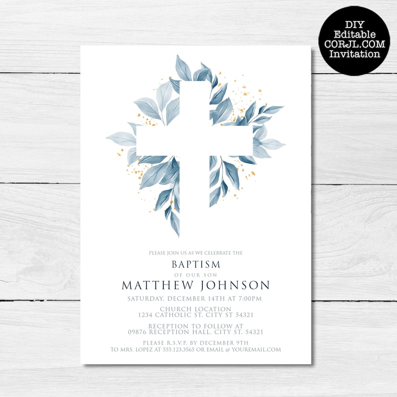 Blue Foliage Baptism Invitation, Baptism Invites, Printable Invitations, Instant Download, First Communion Invite, Christening announcements image 4