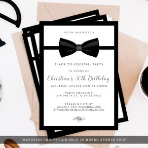 Editable black and white invitation great for galas, black tie weddings, charity auctions, corporate parties & more. Featuring a tuxedo bowtie and elegant, editable typography. Designed by MetroEvents.