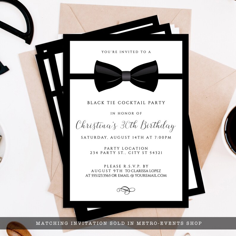 Editable black and white invitation great for galas, black tie weddings, charity auctions, corporate parties & more. Featuring a tuxedo bowtie and elegant, editable typography. Designed by MetroEvents.