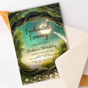 Enchanted Forest Themed Party Invitation. This beautiful design is created with a fairy tale themed with a mystical forest, moon, and glitter streaming throughout it. Designed by MetroEvents.