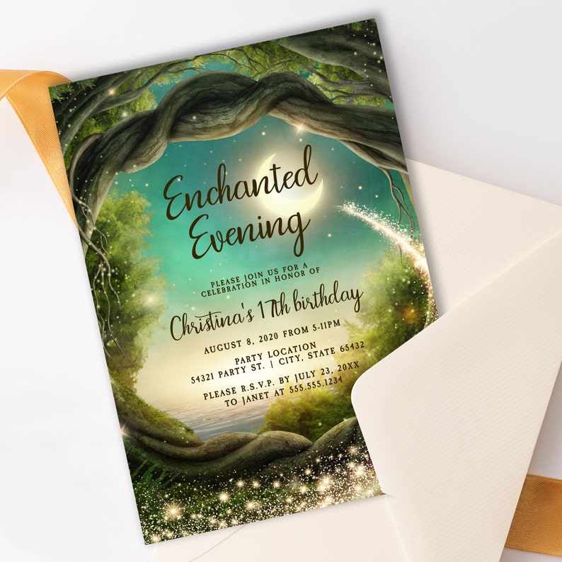 Enchanted Forest Themed Party Invitation. This beautiful design is created with a fairy tale themed with a mystical forest, moon, and glitter streaming throughout it. Designed by MetroEvents.
