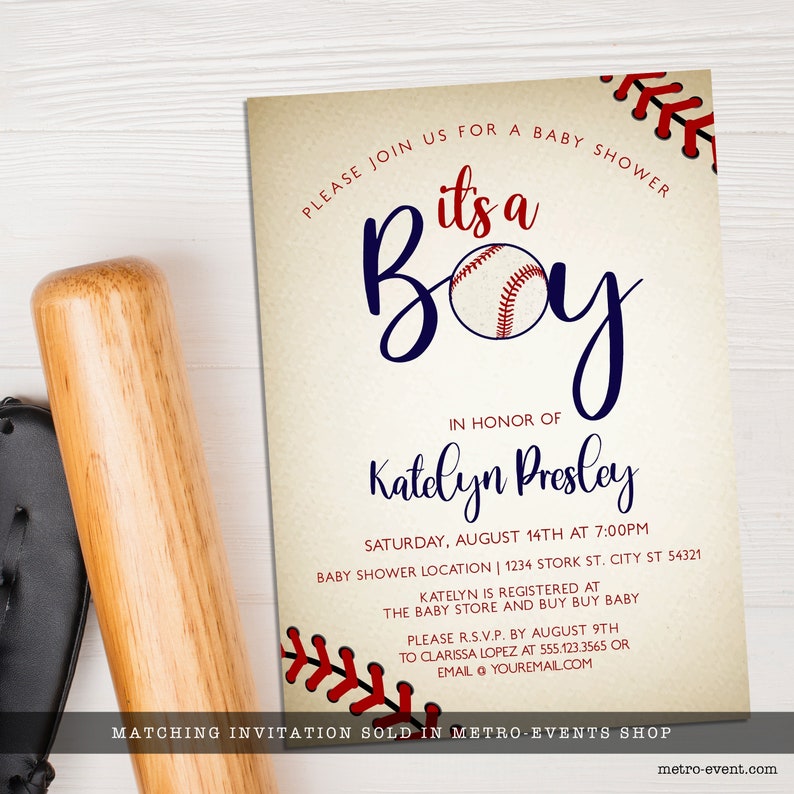 Vintage Baseball Baby Shower Invitations. Created with a vintage texture background accented with baseball laces. Designed by MetroEvents.