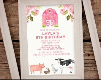 Pink Farm Birthday Invitation, Barn Animals (Digital Download)