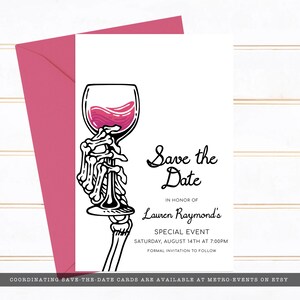 Save the date card with Skeleton Hand and Wine Glass - Death to My Twenties Birthday Party - Corjl Template