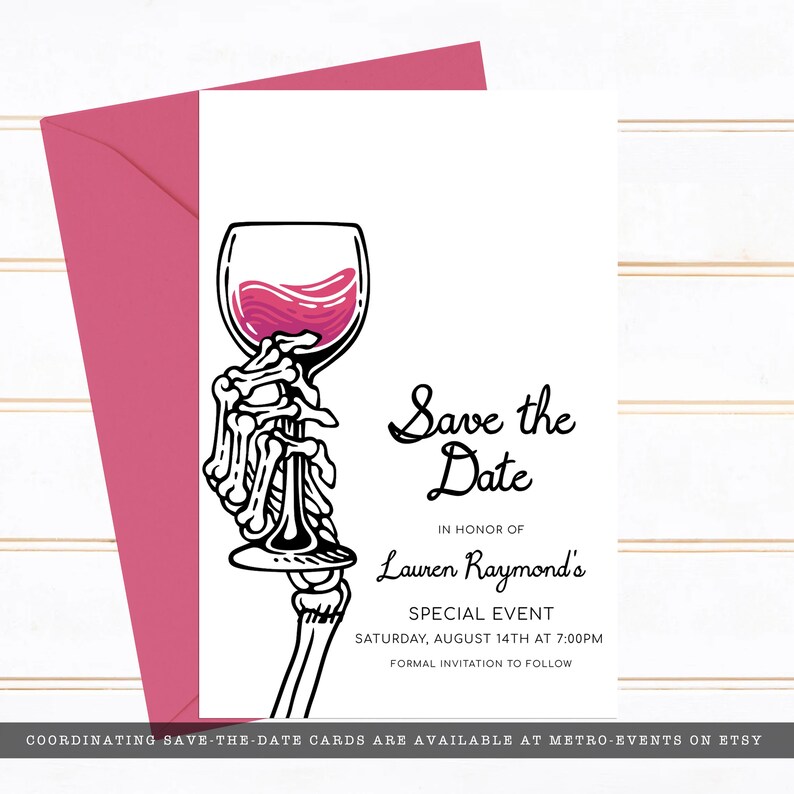 Save the date card with Skeleton Hand and Wine Glass - Death to My Twenties Birthday Party - Corjl Template