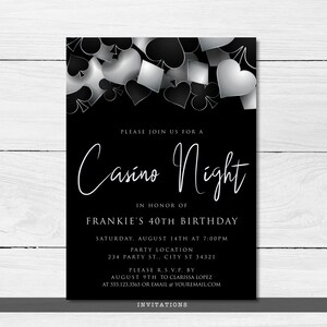 Printable Digital Party Invitation with Customizable Corjl Template - Silver and Black Casino Night with Hearts Spades Clubs Diamonds - Perfect for Birthday Parties