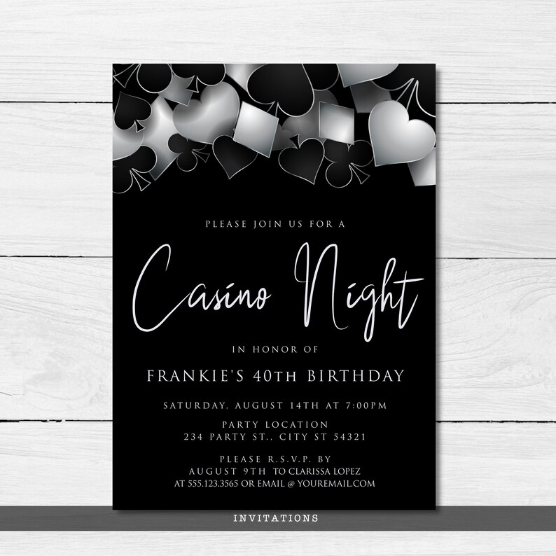 Printable Digital Party Invitation with Customizable Corjl Template - Silver and Black Casino Night with Hearts Spades Clubs Diamonds - Perfect for Birthday Parties