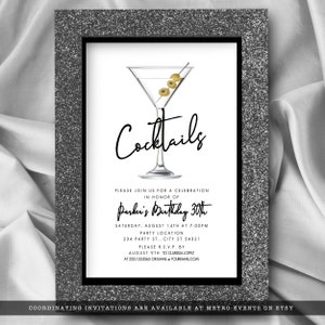 Black and White Cocktail Party Invitations. Sleek and fun style invitation designed with a martini glass with olives. Designed By MetroEvents