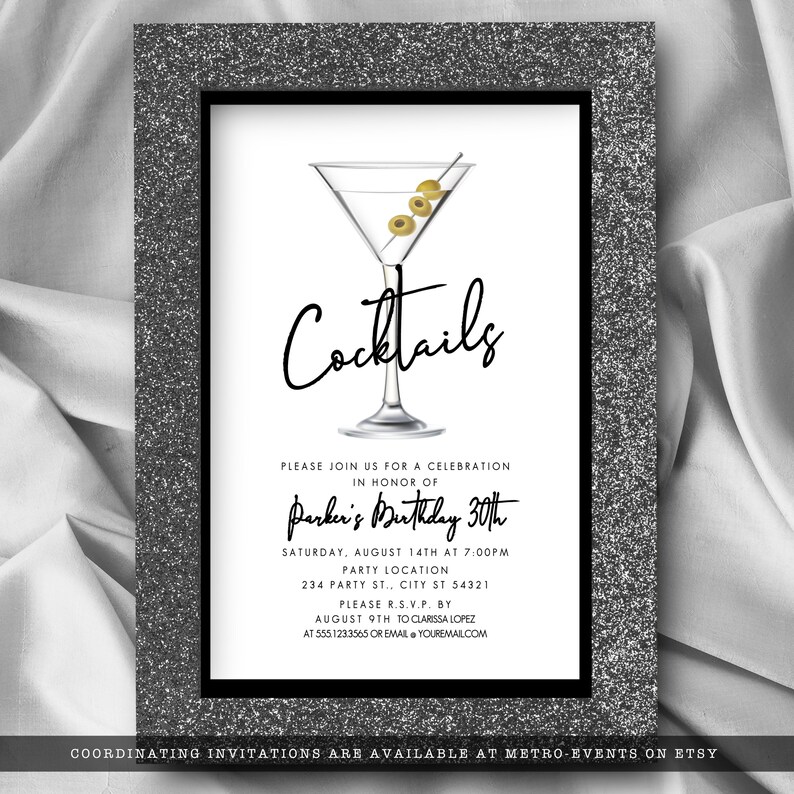 Black and White Cocktail Party Invitations. Sleek and fun style invitation designed with a martini glass with olives. Designed By MetroEvents