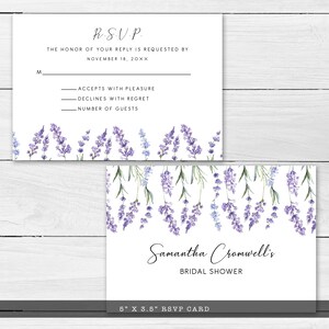 May include: White RSVP card with lavender floral design. The card includes prompts for the recipient to respond, with the text "R.S.V.P." at the top. The card measures 12.7cm x 8.9cm. The bottom card reads "Samantha Cromwell's Bridal Shower".