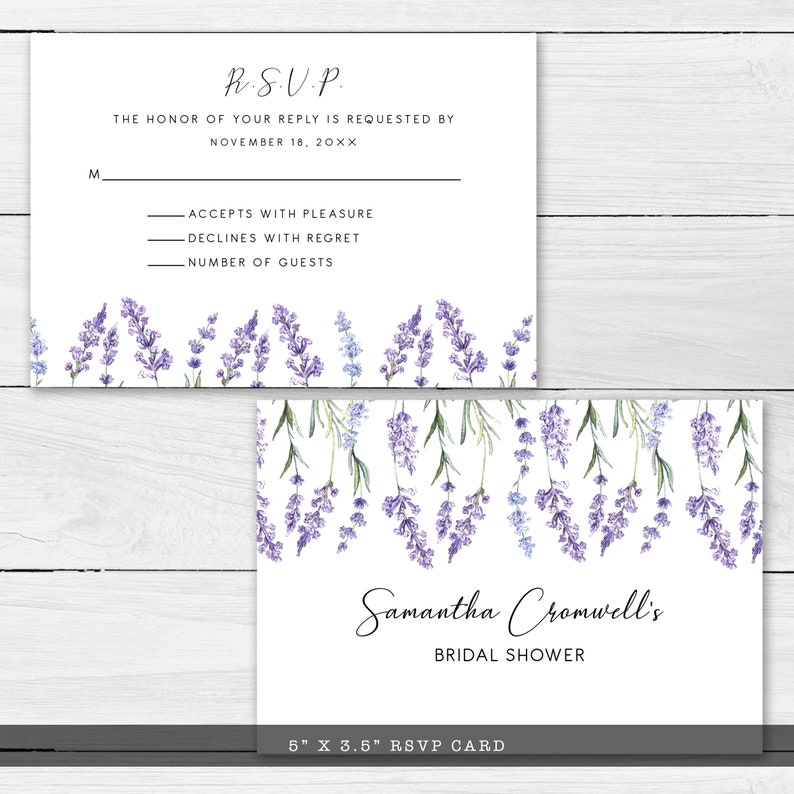 May include: White RSVP card with lavender floral design. The card includes prompts for the recipient to respond, with the text "R.S.V.P." at the top. The card measures 12.7cm x 8.9cm. The bottom card reads "Samantha Cromwell's Bridal Shower".