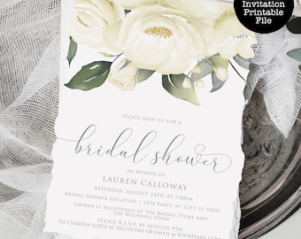 White Rose Bridal Shower Invitation, Floral Watercolor, Editable Invite (Digital Download)
