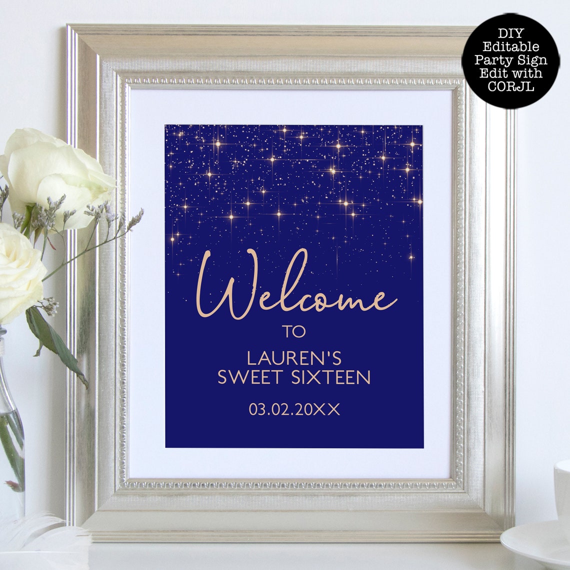 Blue Glitter Welcome Signs Sweet Sixteen Printable Party - Etsy