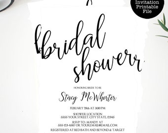 Black and White Printable Bridal Shower Invitations, Modern Chic Bridal Shower Invites, Instant Download, Editable Invitations