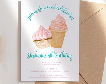 Sweet Celebration, Cupcake, Ice Cream Birthday, Sweets Birthday, Birthday Invitation, Printable Invitation, Instant Download, Girls Birthday