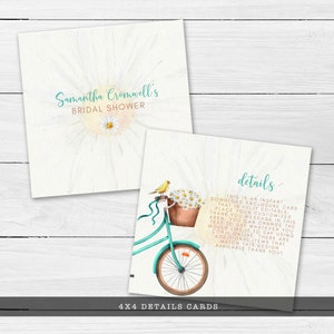 Rustic Bicycle and Daisy-Themed Bridal Shower Detail Card. This whimsical design is created with a vintage teal green bicycle with daisy accents and a yellow canary. Designed By MetroEvents.