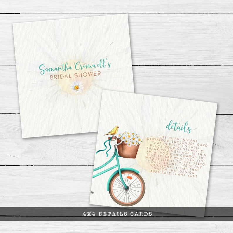 Rustic Bicycle and Daisy-Themed Bridal Shower Detail Card. This whimsical design is created with a vintage teal green bicycle with daisy accents and a yellow canary. Designed By MetroEvents.