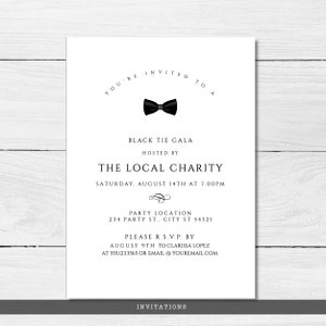 Editable black and white invitation great for galas, black tie weddings, charity auctions, corporate parties & more. Featuring a tuxedo bowtie and elegant, editable typography. Designed by MetroEvents.