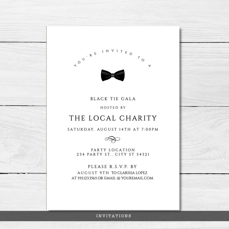 Editable black and white invitation great for galas, black tie weddings, charity auctions, corporate parties & more. Featuring a tuxedo bowtie and elegant, editable typography. Designed by MetroEvents.