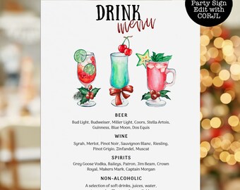 Making Spirits Bright Drink Menu Signs, Holiday Drink Menu, Bar Menu Sign, Printable Bar Menu, Menu Template, Cocktail Sign, Christmas Signs