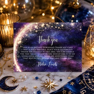Puede incluir: Una tarjeta de agradecimiento rectangular con un fondo de galaxia en tonos morados y azules profundos y una estela de estrellas doradas brillantes. El texto dice: Thank you, THIS IS AN INSTANT DOWNLOAD THANK YOU CARD THAT IS FULLY EDITABLE, y Metro-Events.