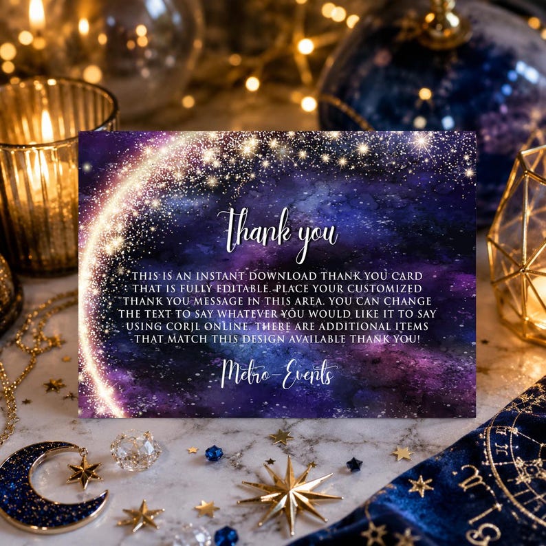 Puede incluir: Una tarjeta de agradecimiento rectangular con un fondo de galaxia en tonos morados y azules profundos y una estela de estrellas doradas brillantes. El texto dice: Thank you, THIS IS AN INSTANT DOWNLOAD THANK YOU CARD THAT IS FULLY EDITABLE, y Metro-Events.