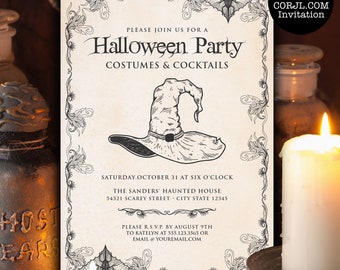Vintage Witch Invitations, Halloween Invitations, Halloween Birthday Invitations, Invitation Template, Editable Invite, Printable Invitation