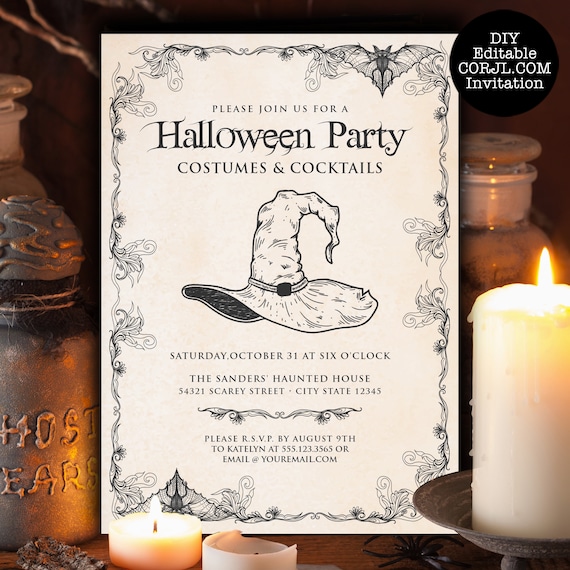Vintage Witch Invitations, Halloween Invitations, Halloween Birthday Invitations, Invitation Template, Editable Invite, Printable Invitation Il_570xn