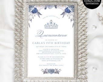 Blue and White Floral Quinceanera Invitations, Quinceañera Invitations, Quinceañera Crown Invitations, Printable Invitations, Corjl Template