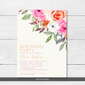 May include: Birthday party invitation with a floral watercolour design. The invitation features text that reads "Birthday Party" and "Olivia Hopkins". The invitation includes details for the party, such as the date, time, and location.