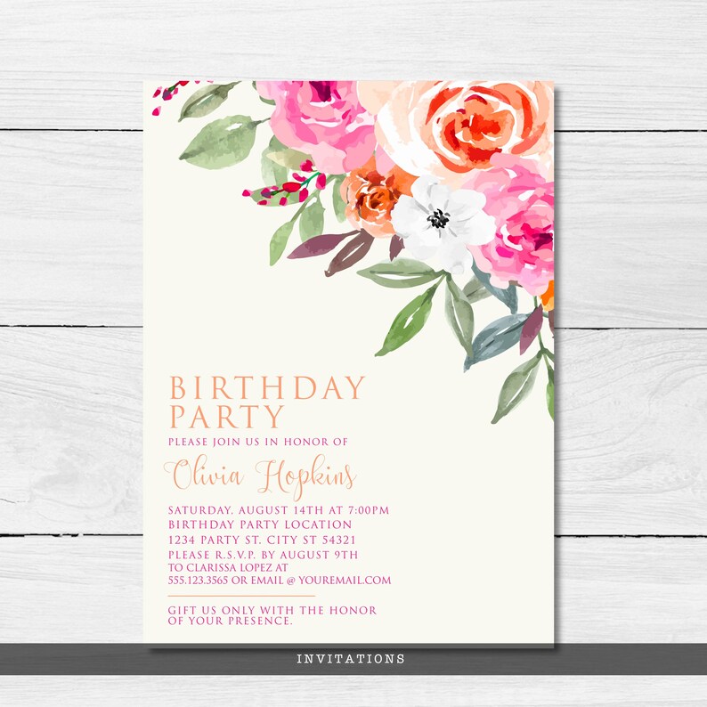 May include: Birthday party invitation with a floral watercolour design. The invitation features text that reads "Birthday Party" and "Olivia Hopkins". The invitation includes details for the party, such as the date, time, and location.