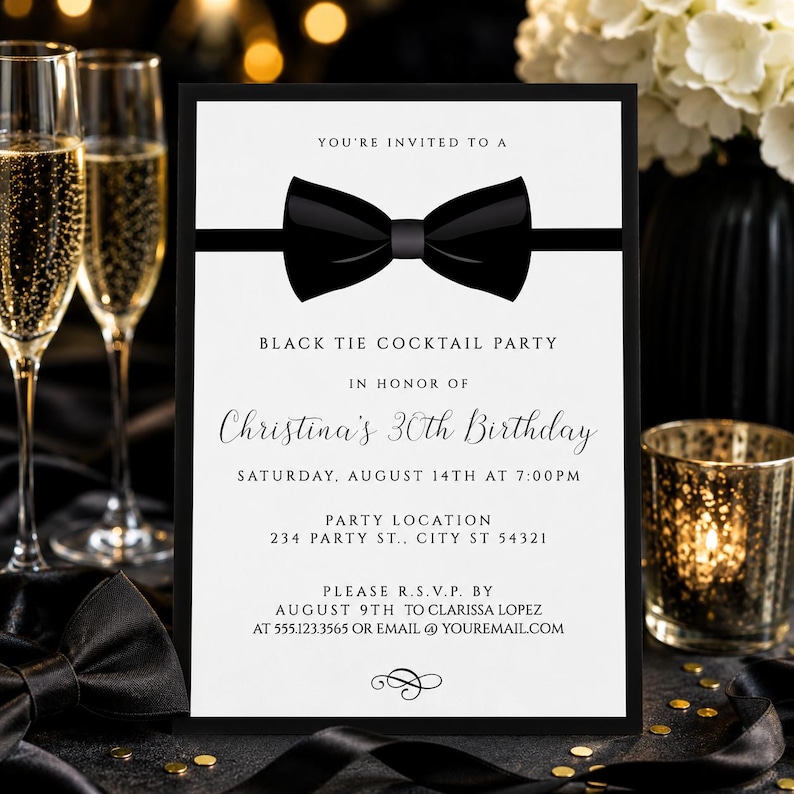 Tuxedo Party Invitation Template, Black Tie Birthday Invitation, Elegant Formal Event Invite, Gala Party Invitation, Printable Download image 3